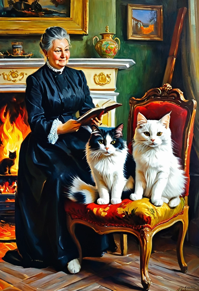 painting with two cats, sitting on a chair in front of the fireplace, author Maria Bashkirtseva, by Aleksandr Gerasimov, oil painting, oil painting, by Mykola Burachek, inspired by Vladimir Makovsky, Очень юмористическая oil painting, Ultra humorous oil painting, based on Raymond Leach, Alexander Deineka