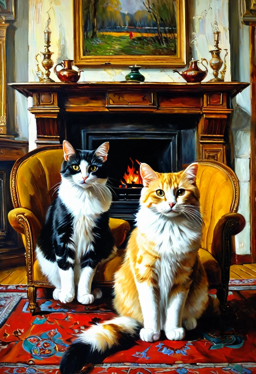 painting with two cats, sitting on a chair in front of the fireplace, author Maria Bashkirtseva, by Aleksandr Gerasimov, oil painting, oil painting, by Mykola Burachek, inspired by Vladimir Makovsky, Очень юмористическая oil painting, Ultra humorous oil painting, based on Raymond Leach, Alexander Deineka