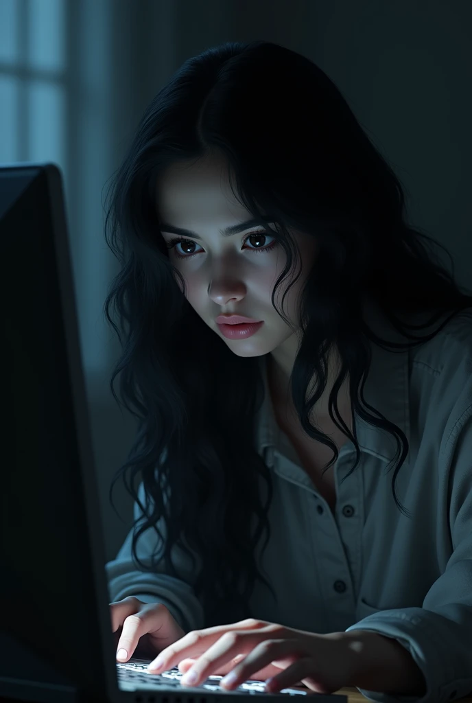 A girl with wavy black hair desperately messing around on her computer