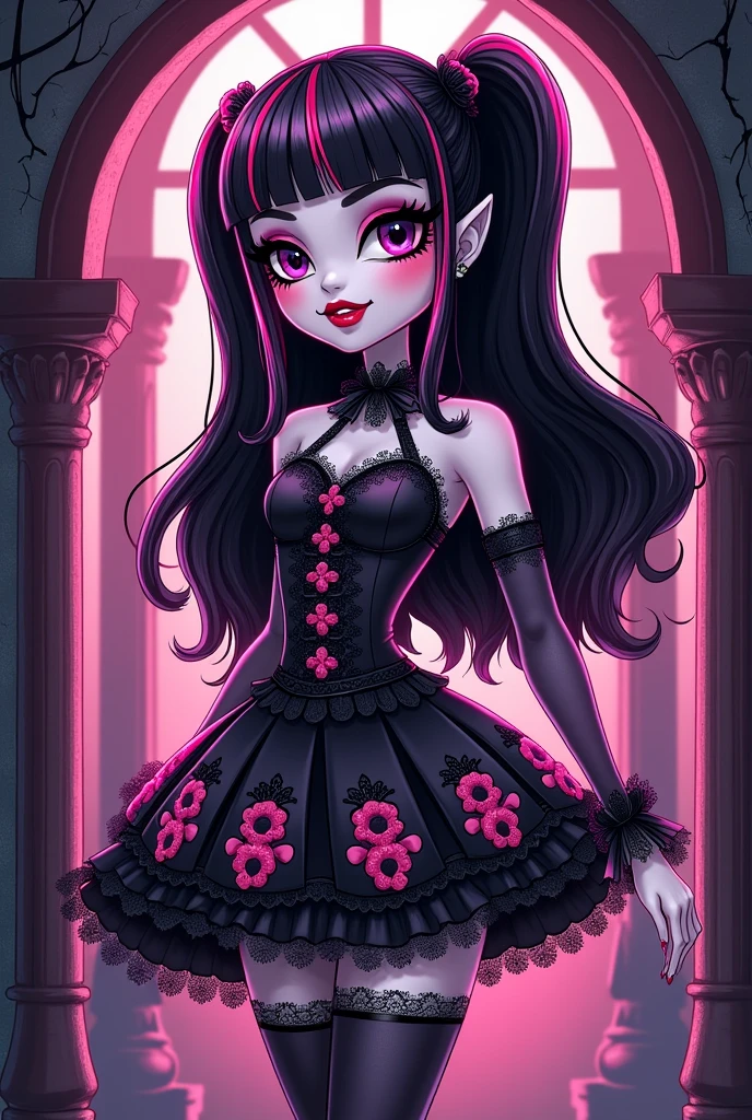 Create a redesign image for Draculaura [Monster High] using gothic and lolita style [Cartoon Style]