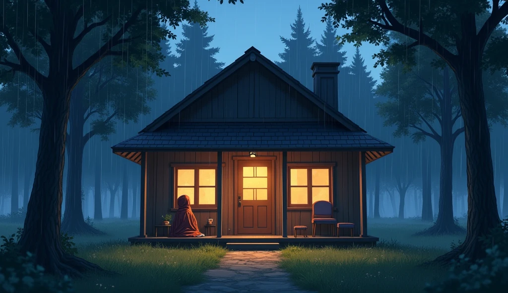 Create a high-quality anime-style scene of a peaceful forest cabin at dusk. The cabin should be surrounded by tall trees, with warm light emanating from the windows. Outside, there's a gentle rain falling only in the background, leaving the cabin area dry. A person is sitting on the porch with a blanket, enjoying the serene view. The scene should capture the tranquil and cozy atmosphere, with detailed textures of the cabin, trees, and rain, and a clear contrast between the dry porch and the rainy forest
