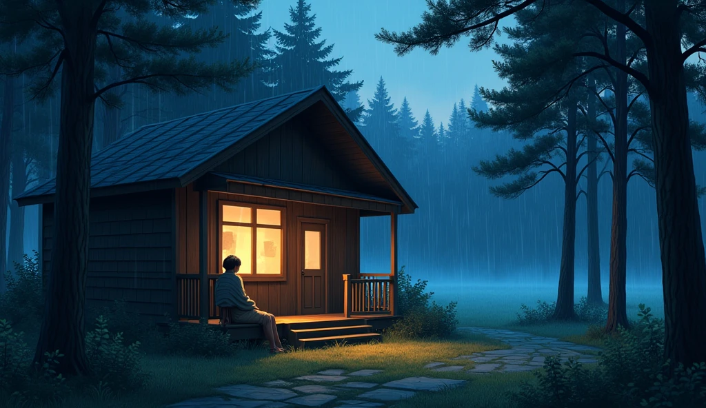 Create a high-quality anime-style scene of a peaceful forest cabin at dusk. The cabin should be surrounded by tall trees, with warm light emanating from the windows. Outside, there's a gentle rain falling only in the background, leaving the cabin area dry. A person is sitting on the porch with a blanket, enjoying the serene view. The scene should capture the tranquil and cozy atmosphere, with detailed textures of the cabin, trees, and rain, and a clear contrast between the dry porch and the rainy forest