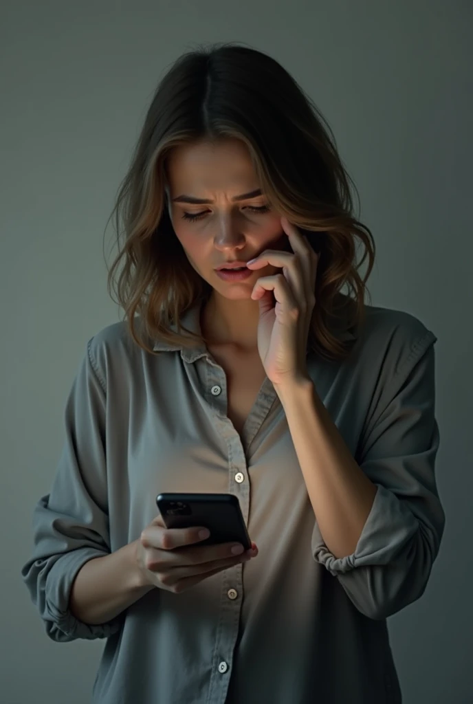 a woman with a worried expression, holding her phone but hesitating to use it.