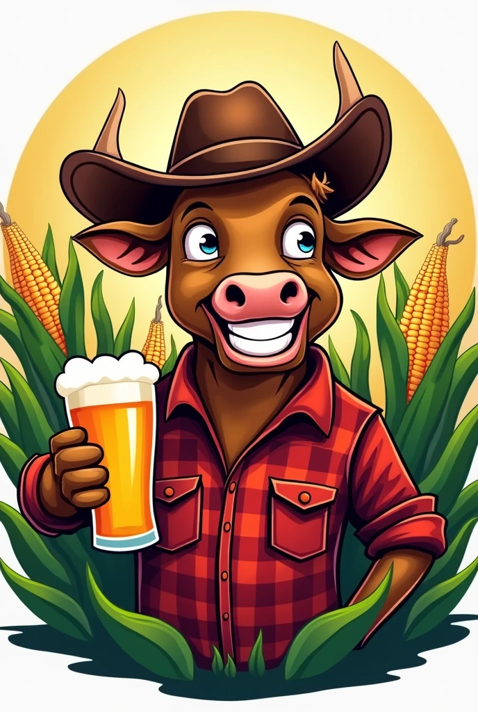 Logo of a smiling bull with a cowboy hat and a checkered shirt with a beer in his hand. And references to a corn crop 