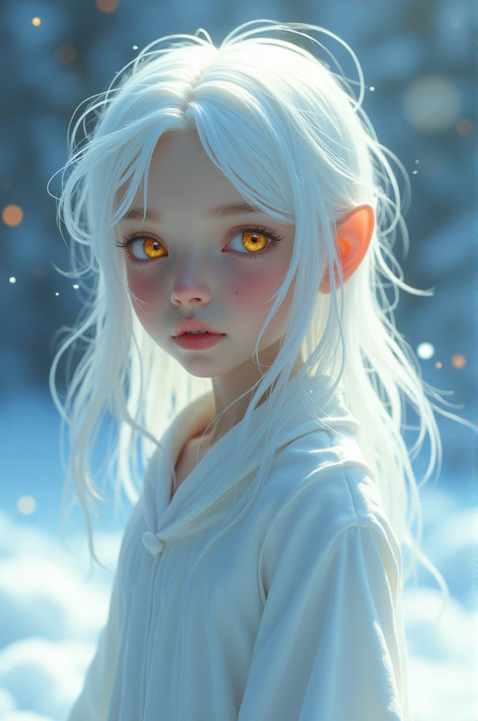 ????? boy, shy pose, golden eyes, white haird, light brown skin, ice powers use