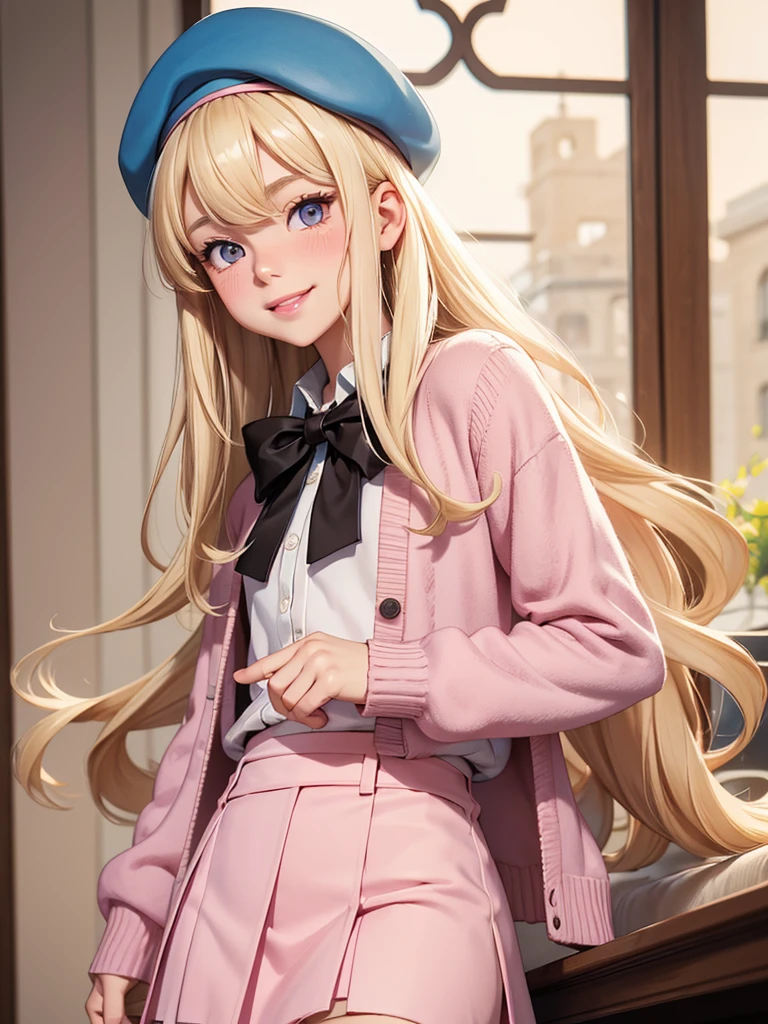 (best quality), 1boy, male, femboy, cute face, porcelain skin, blonde hair, straight hair, long hair, swept bangs, beret, cardigan, skirt, brown eyes, perfect eyes, smile, blush, pink lips, masterpiece, anatomically correct, highres
