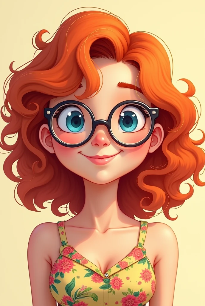 Red curly hair, medium length hair, woman, round bottom glasses, animated, smile, blue eyes, small neck, round face, High Resolution, pretty dress, adult, Closed Mouth smile, chubby, happy
