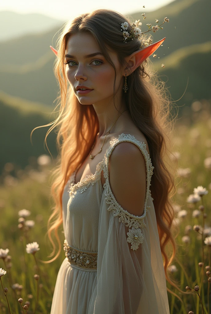Generate the image for a game, the image must be an Elf, brown hair and dark eyes, tall and elegant. It must also have an aesthetic (CLOTHES, Accessories, etc) that are inspired by Taylor Swift's Evermore era