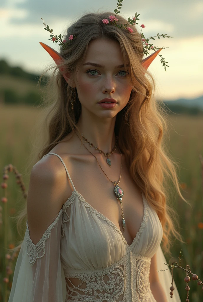 Generate the image for a game, the image must be an Elf, brown hair and dark eyes, tall and elegant. It must also have an aesthetic (CLOTHES, Accessories, etc) that are inspired by Taylor Swift's Evermore era