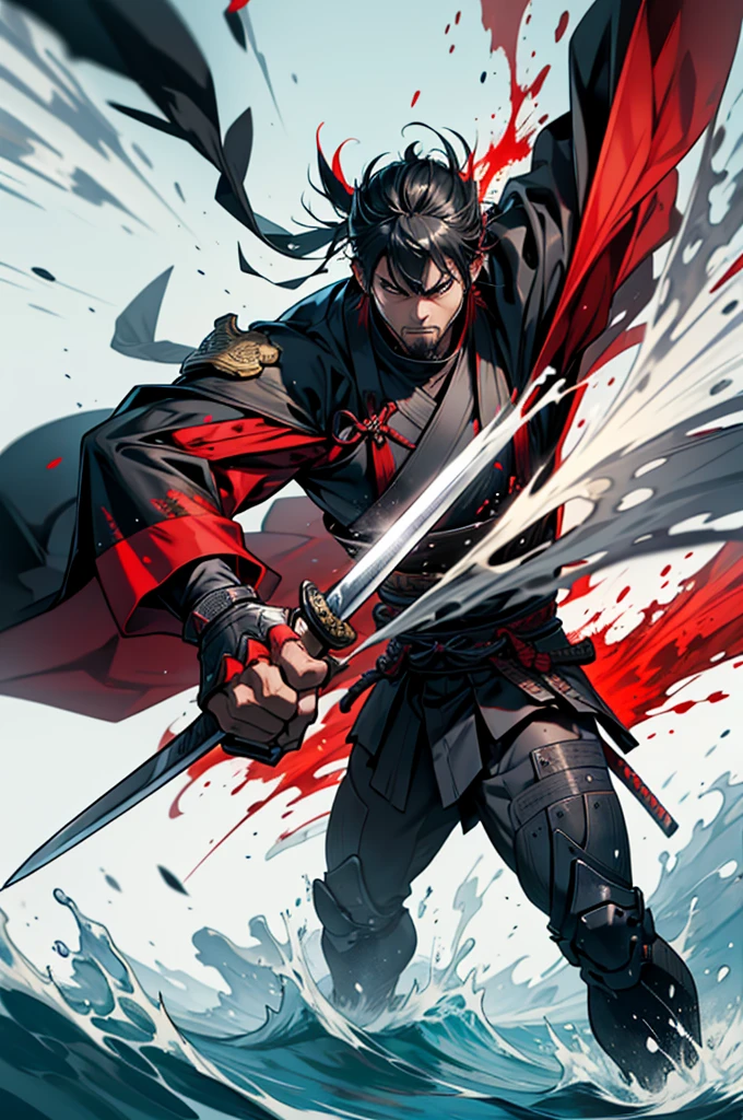 A 2  samurai male he  is well shaped , samurai suit , fighting pose , with alot of splashing blood and slicing effect, advancing forward.. panoramic perspective 