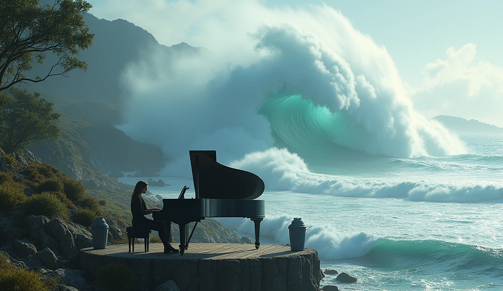 a pianist playing piano in middle bridge big wave coming in distance, photorealistic, 8k, natural lighting, HDR, high resolution, shot on IMAX Laser, intricate details