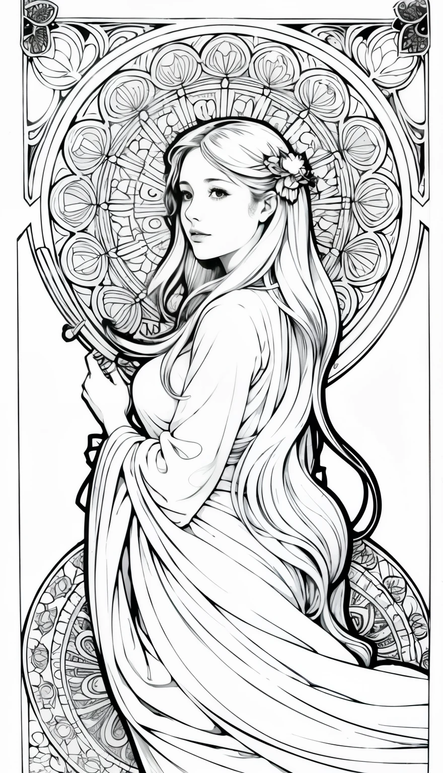 Pursuing their dreams, Coloring Book Pages Coloring Art, All-white background, Beautiful fairy star，White Soft Wavy Hair，Use only contours, Line Art, Coloring Book, Clean Line Art, Mandala，Mountain line drawing，Coloring with natural patterns, Simple and clean Line Art, Coloring Book page, Decorated in Art Nouveau, With Alphonse Mucha&#39;s brush, Perfect details, real, 