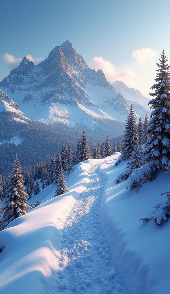 A steep, snow-covered mountain trail leading upward, surrounded by towering peaks and dense pine trees. The sky is clear, with a deep blue hue as the sun begins to set. The untouched snow sparkles in the fading light, and the trail winds through a silent, pristine landscape. This trail offers a serene and solitary journey through the snowy wilderness.