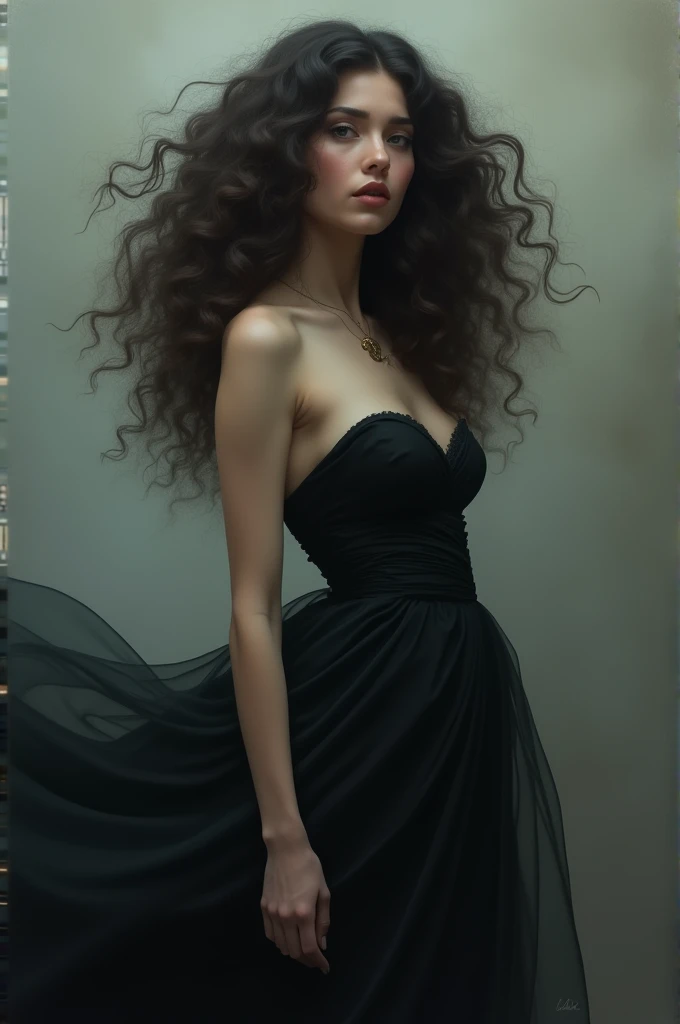 A woman with big curly hair and a black dress 