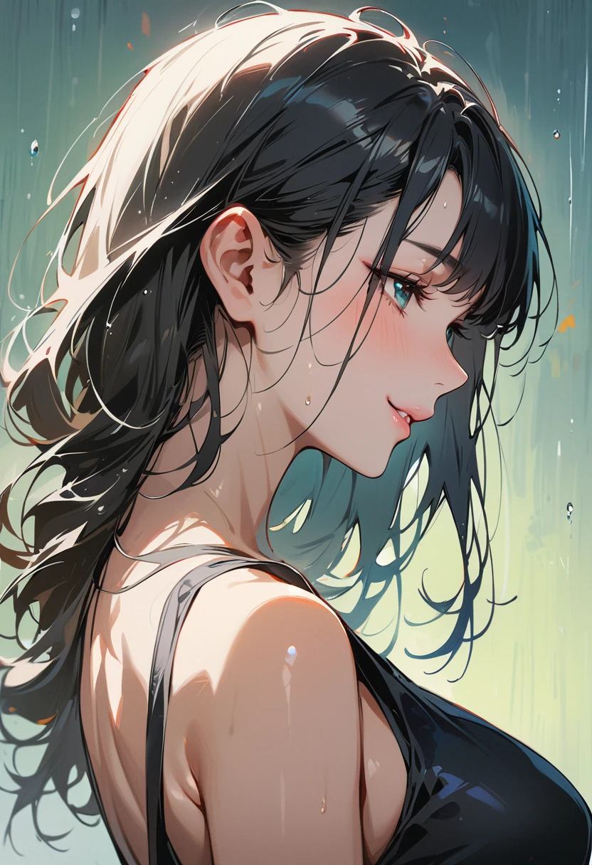 (masterpiece, best quality:1.4), 1 girl, 独奏, Heterochromia, Delicate pupils, Blurred eyes, Close your left eye, Smile, Profile,Tilt your head back 45 degrees, Right tear mole, (Black hair:1.2),  Shiny hairstyle, large breasts, Mini Girls, Backlight, Rainy Day, Black sexy evening dress, Works by top portrait painters, Black and white gradient background.