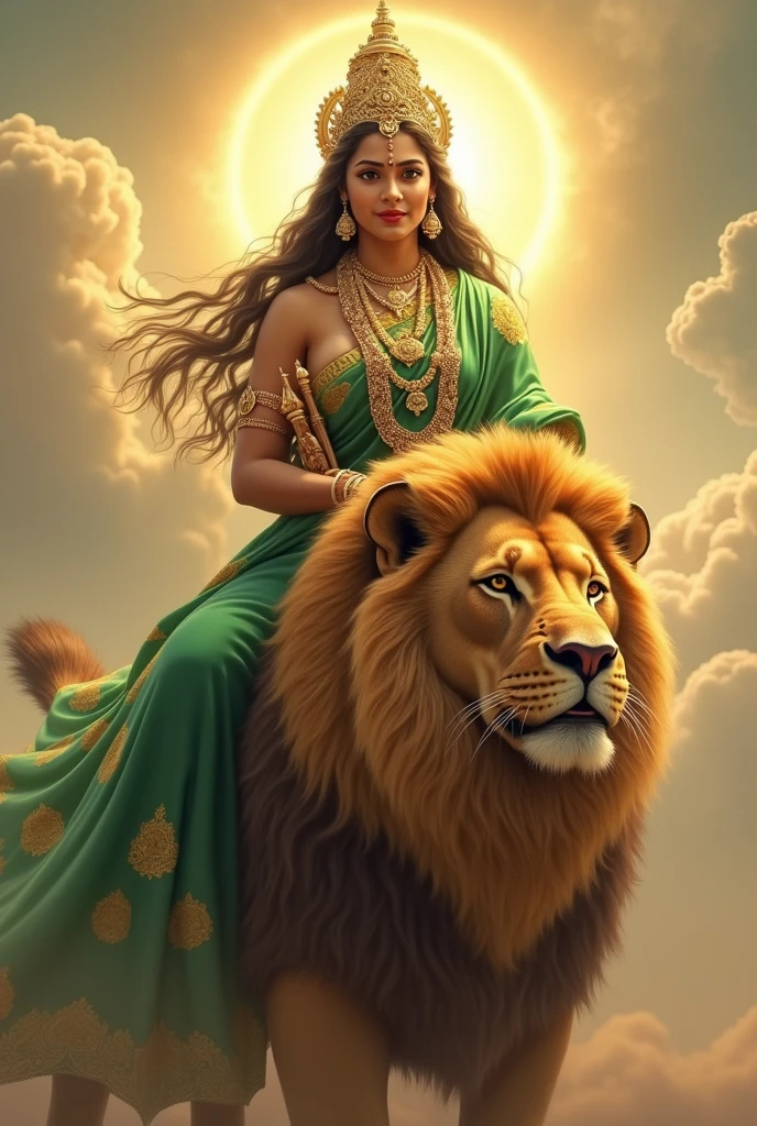 "Create an ultra-realistic image of Goddess Skandamata, depicted in her nurturing and powerful form, riding an enormous, majestic lion. She should be dressed in a vibrant green saree, symbolizing growth, fertility, and divine energy. The saree should be richly embroidered with gold patterns, reflecting her regal status. Her skin should have a radiant, golden glow, symbolizing her divine nature, and her face should be serene and motherly, with large, compassionate eyes and a gentle smile that exudes both grace and strength.
In her arms, she should be holding her son, Lord Kartikeya (also known as Skanda), with tender care. Baby Kartikeya should be depicted as a beautiful child with a divine aura, seated comfortably in his mother's arms, perhaps holding a small weapon like a spear, symbolizing his future role as a warrior god.
The lion she rides should be depicted as extremely large and powerful, with a thick mane and a fierce yet loyal expression, symbolizing courage and protection. The lion’s size and majesty should enhance the divine presence of the goddess.
The background should feature a celestial landscape, with soft, golden light and subtle elements like swirling clouds or a glowing sky, creating an atmosphere that reflects both the nurturing and powerful aspects of Goddess Skandamata. The overall image should capture the essence of her maternal grace, divine authority, and protective strength, presented in a highly realistic and detailed manner."
