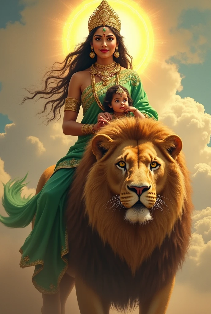"Create an ultra-realistic image of Goddess Skandamata, depicted in her nurturing and powerful form, riding an enormous, majestic lion. She should be dressed in a vibrant green saree, symbolizing growth, fertility, and divine energy. The saree should be richly embroidered with gold patterns, reflecting her regal status. Her skin should have a radiant, golden glow, symbolizing her divine nature, and her face should be serene and motherly, with large, compassionate eyes and a gentle smile that exudes both grace and strength.

In her arms, she should be holding her  son, Lord Kartikeya (also known as Skanda), with tender care. Baby Kartikeya should be depicted as a beautiful child with a divine aura, seated comfortably in his mother's arms, perhaps holding a small weapon like a spear, symbolizing his future role as a warrior god.

The lion she rides should be depicted as extremely large and powerful, with a thick mane and a fierce yet loyal expression, symbolizing courage and protection. The lion’s size and majesty should enhance the divine presence of the goddess.

The background should feature a celestial landscape, with soft, golden light and subtle elements like swirling clouds or a glowing sky, creating an atmosphere that reflects both the nurturing and powerful aspects of Goddess Skandamata. The overall image should capture the essence of her maternal grace, divine authority, and protective strength, presented in a highly realistic and detailed manner."