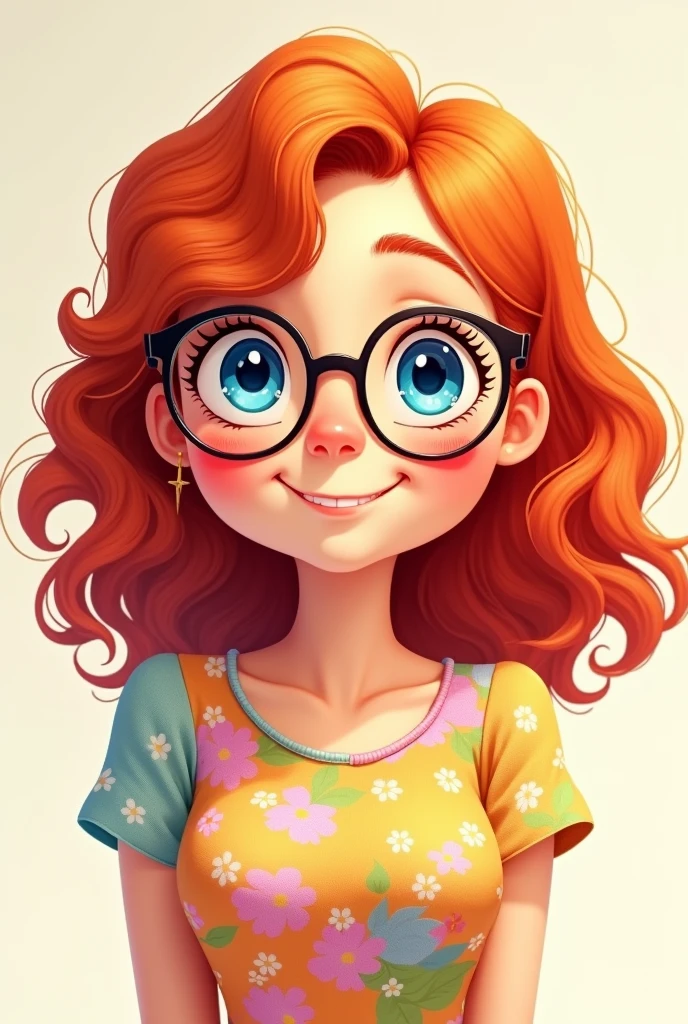 Red curly hair, medium length hair, woman, round bottom glasses, animated, smile, blue eyes, small neck, round face, High Resolution, pretty dress, adult,Closed Mouth, chubby, happy
