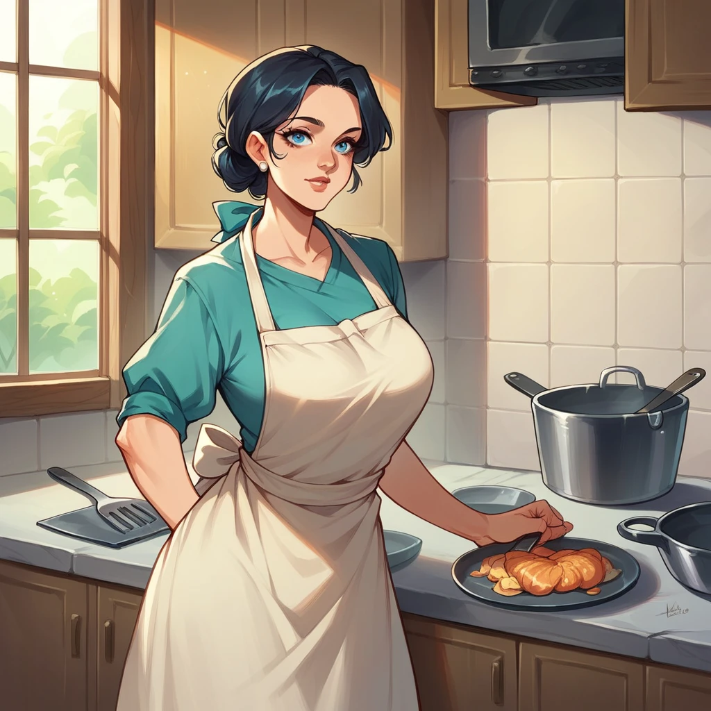 a MILF in her late 40s is in her kitchen. She has a dress and a cooking apron. she smiles softly at you and has long black hair with blue eyes.