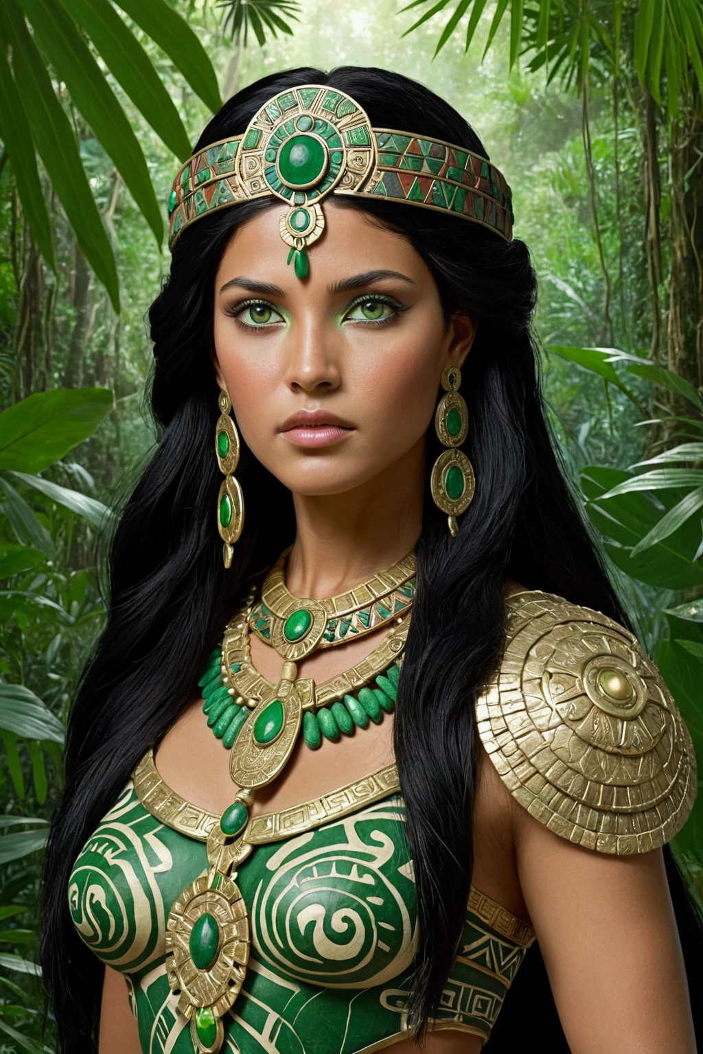 black hair, princesswarrior, mayan women, with ornaments,green eyes, in the jungle