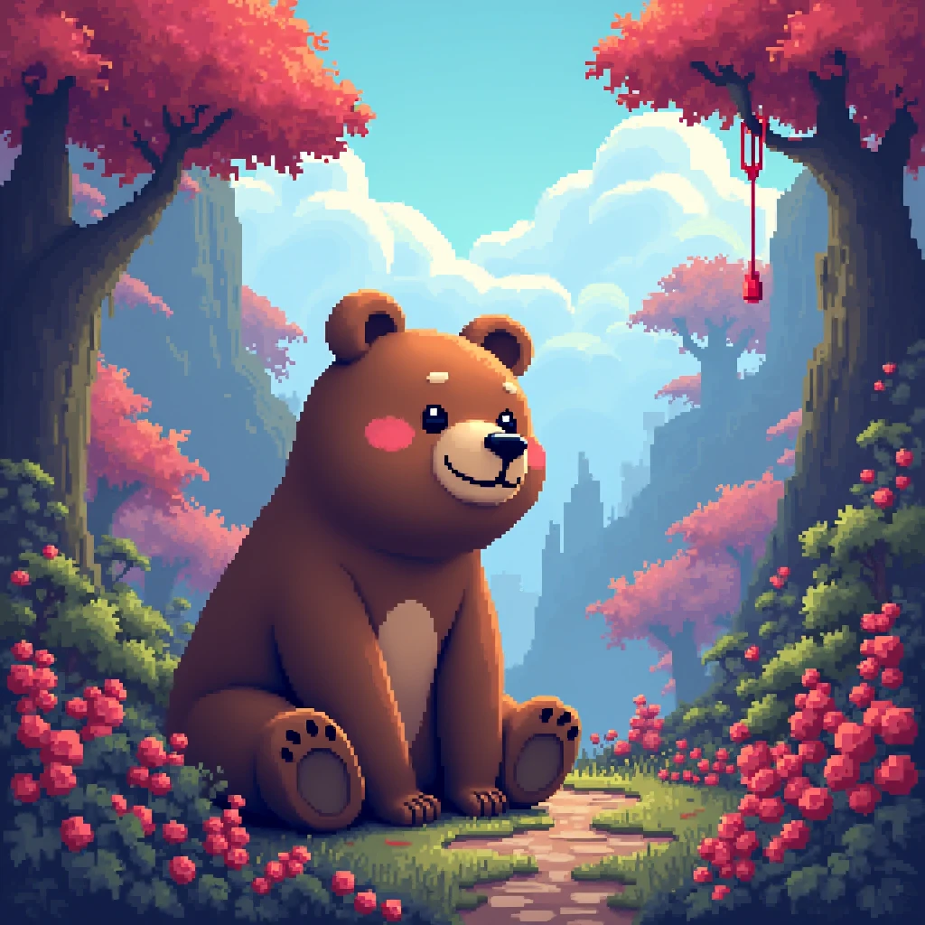 Brown Bear, Retro Gaming Art。16-bit、Vibrant colors、Pixelation、Nostalgia、charming、interesting, (best quality, masterpiece, photorealistic), very aesthetic, perfect composition, intricate details, ultra-detailed, vivid colors