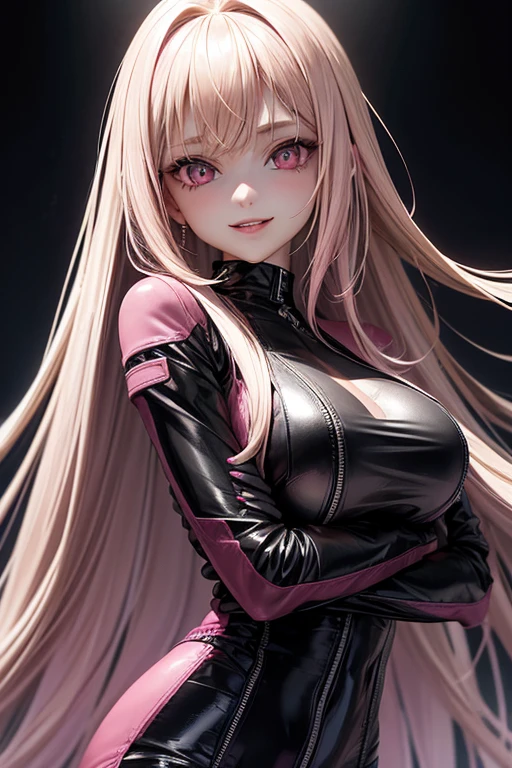 A girl, 20 years, Blonde hair with pink highlights very long straight, fringe, pink eyes, Pale skin, marked feminine features, wearing a full black tight leather suit with pink details, white jacket with pink, Posing, hands on breasts, smiling, pink marked lips.