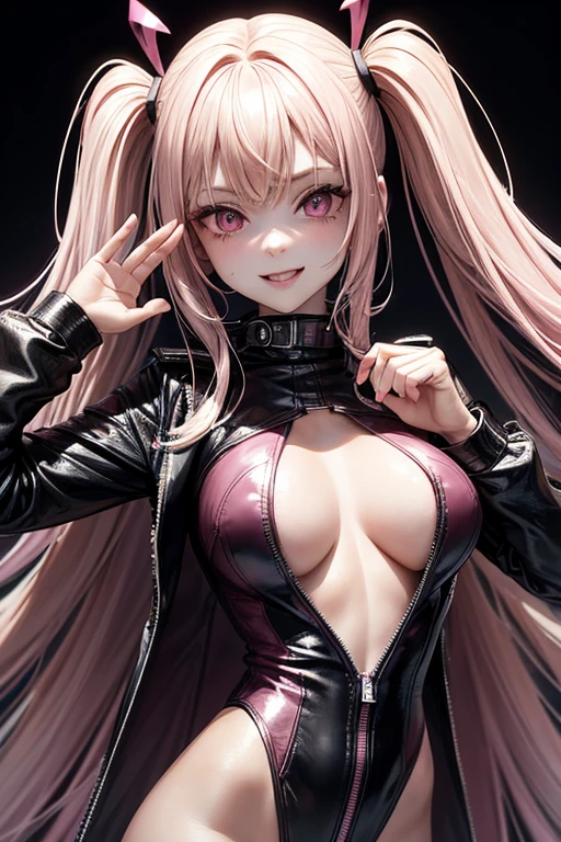 A girl, 20 years, Blonde hair with pink highlights very long straight, fringe, pink eyes, Pale skin, marked feminine features, wearing a full black tight leather suit with pink details, white jacket with pink, Posing, hands on breasts, smiling, pink marked lips.