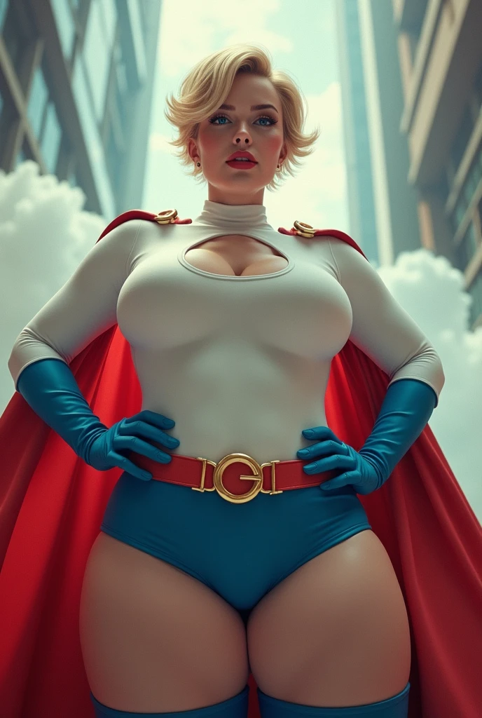 FULL BODY. A FEMALE WITH SHORT BLONDE HAIR, BLUE EYES WEARING A WHITE TURTLE NECK LEOTARD WITH LONG SLEEVES, A ROUND CLEAVAGE CUT OUT HOLE ON CHEST, BLUE GLOVES, BLUE BOOTS, A RED BELT WITH A GOLD CIRCLE, A LONG RED CAPE ATTACHED AT ONE SHOULDER WITH ONE GOLD CIRCLE CLASP. (THICK ROUND PERKY BREASTS). ABSURD 8K RESOLUTION, DYNAMIC BACKGROUND.
