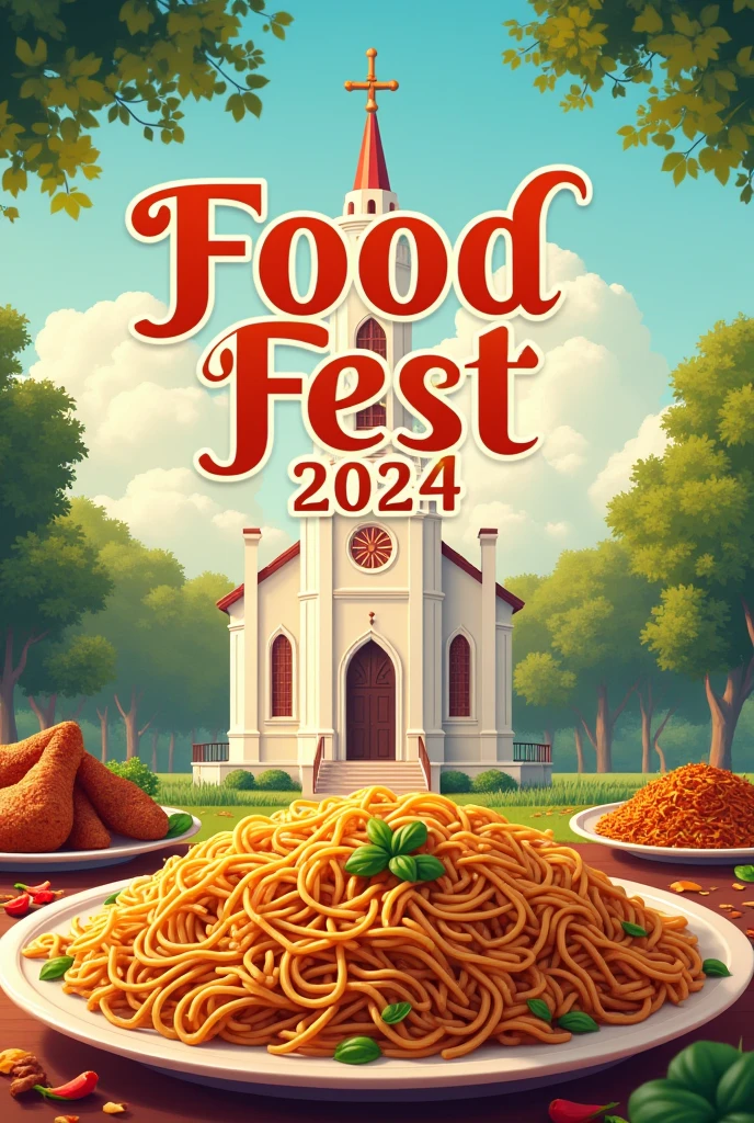 generate a poster with heading "Food Fest 2024" with background of church.
Items served are home made foods and Chicken biriyani. Write a exciting message in context of food with reference to bible.
Church name is " Elanthoor Salem Marthoma"
. Organising on 1st September