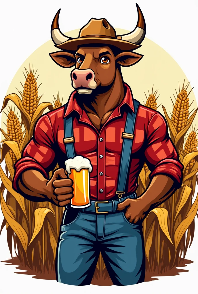 Logo of a smiling, muscular bull wearing a cowboy hat and a checkered shirt with a beer in his hand. And references to a corn crop 