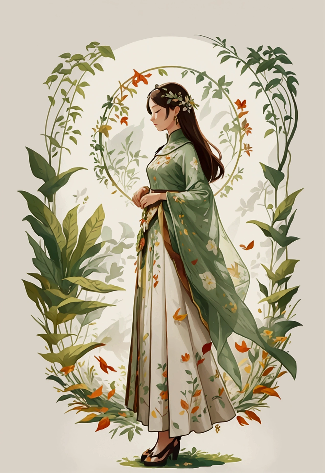 A nature scene, solorful petals and leaves all over the place, cross-stitch pattern, flat sticker design