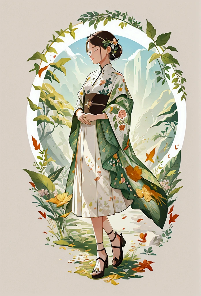 A nature scene, solorful petals and leaves all over the place, cross-stitch pattern, flat sticker design