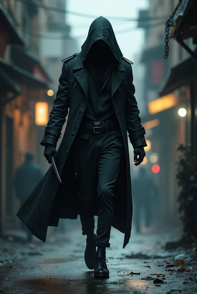make me a prompt of a assassin in the street with complete body hands face and foot side view or front view whole body 