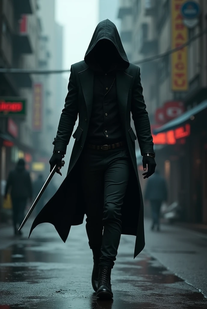make me a prompt of a assassin in the street with complete body hands face and foot side view or front view whole body