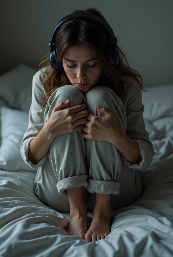 Woman in pants bending her knees towards her chin lying on a bed with headphones sad