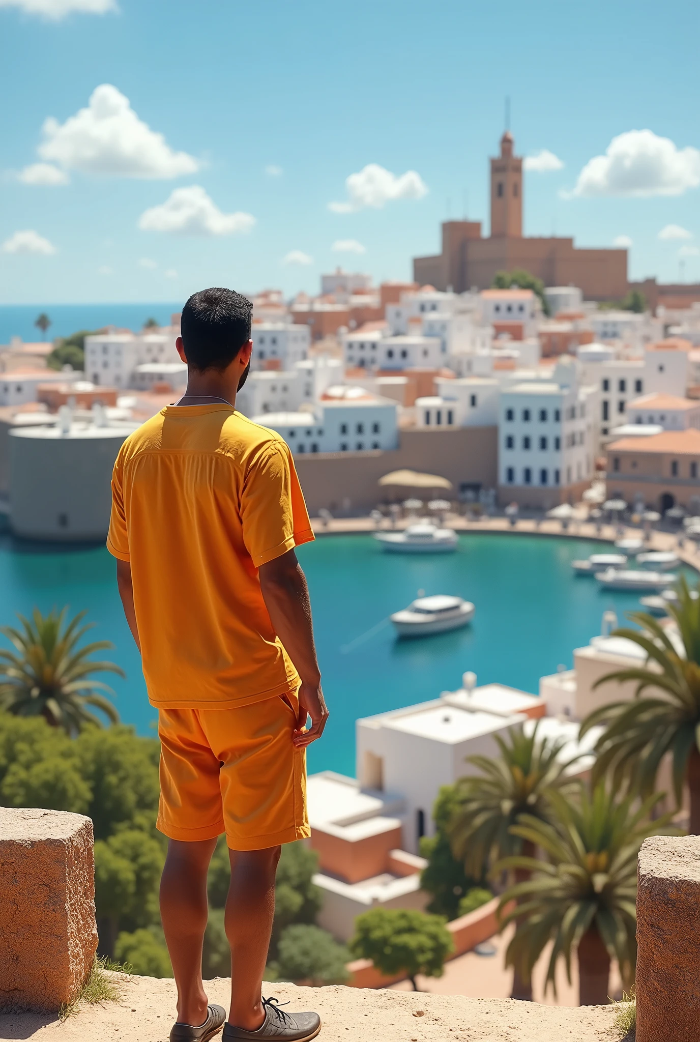 A man wearing a summer shirt and summer shorts looks at Essaouira, a very realistic and real giant