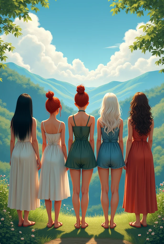 5 women with their backs turned, one thin with long, waist-length, black straight hair next to her, ther thin woman with a bun of red hair next to her, a short fat lady with pixie cut white hair next to her a thin woman with waist-length light brown half-curled hair next to her ,anor fat woman with long curly hair all with her back turned in a beautiful landscape all with her back turned