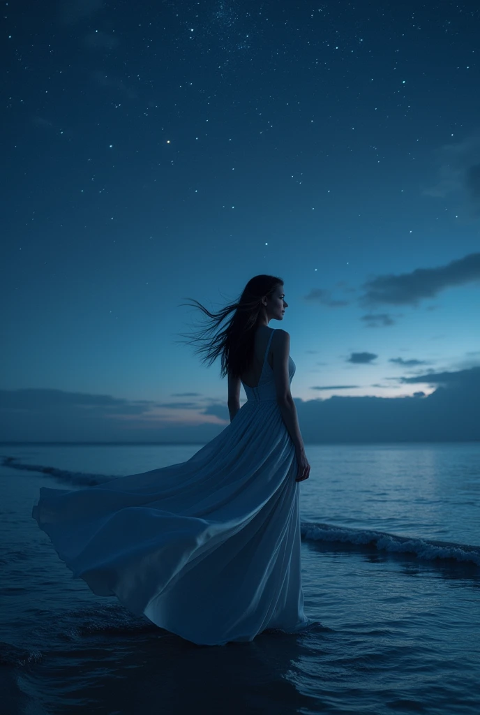 A woman in a flowing satin gown standing by the ocean at night. Her gown billows gently in the soft ocean breeze, and the sky above is filled with countless stars, creating a dreamlike atmosphere. The scene is serene and magical, evoking a sense of wonder and tranquility.