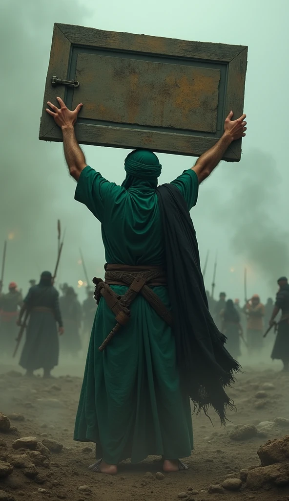 A Muslim warrior standing on a battlefield swinging A huge wooden door is held overhead like an umbrella wearing a green turban and a long black cloth with a battle scene in the background the image is dark and mysterious