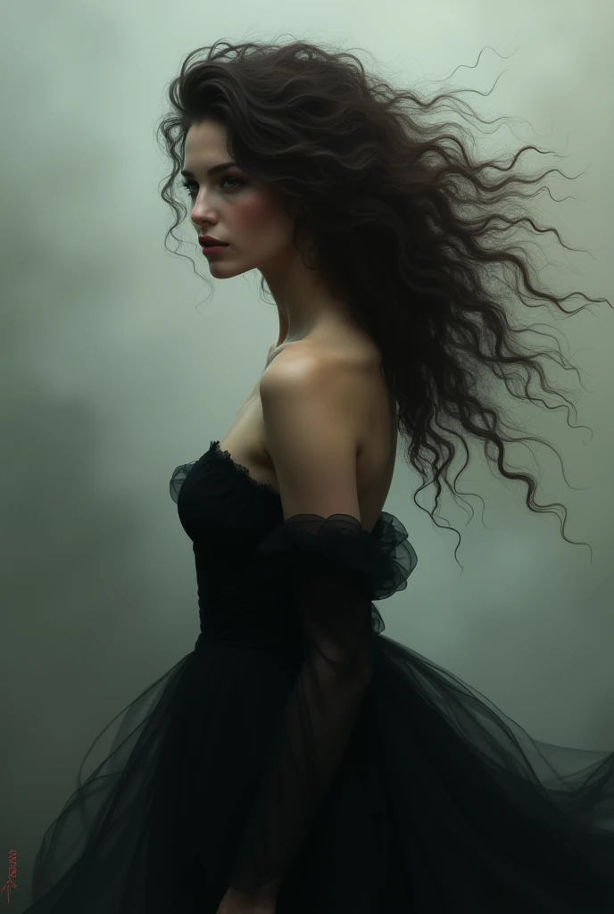 A woman with big curly hair and a black dress