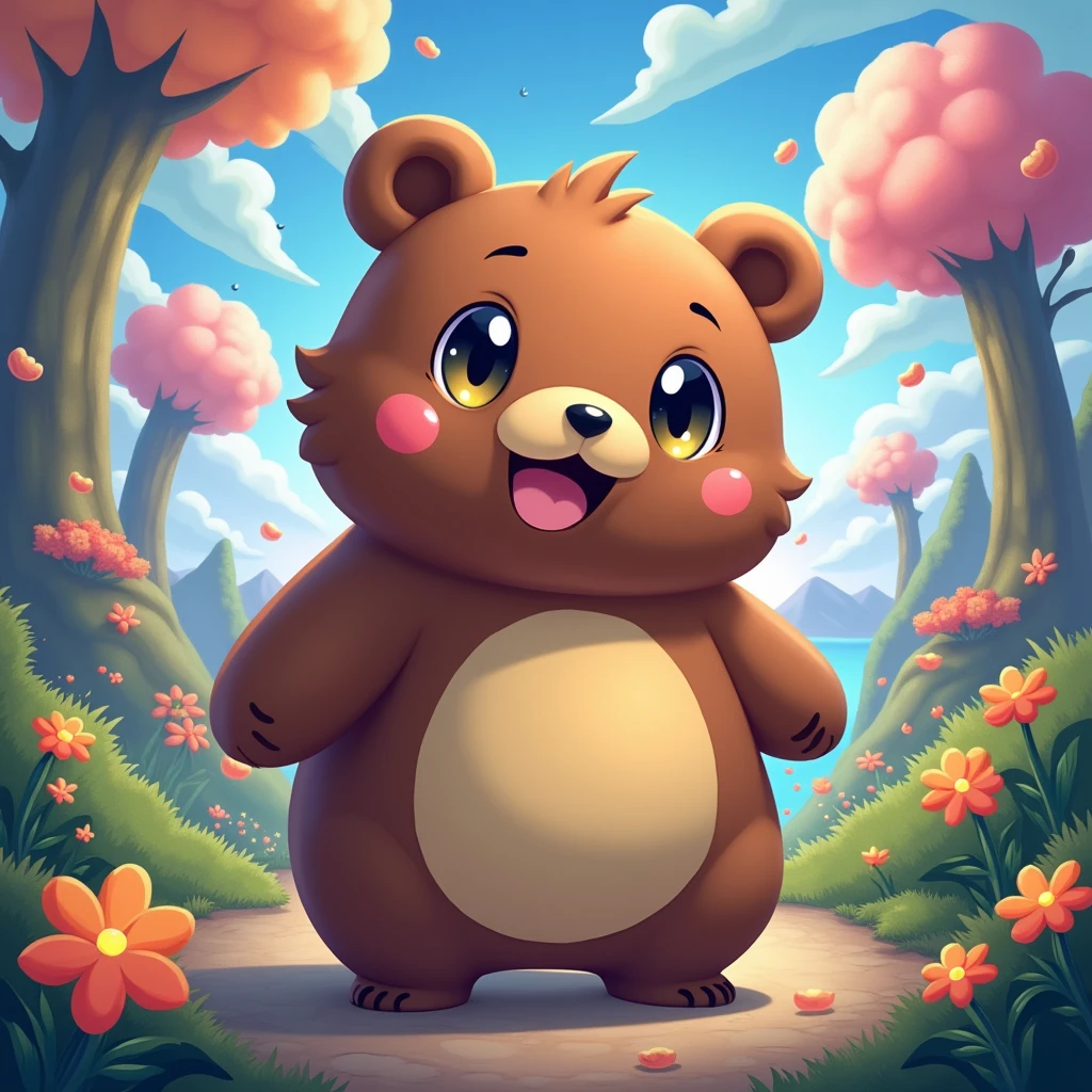 Brown Bear, Pokémon style。Energetic、cute、cartoon、fantasy，Reminiscent of the Pokémon series, (best quality, masterpiece, photorealistic), very aesthetic, perfect composition, intricate details, ultra-detailed, vivid colors