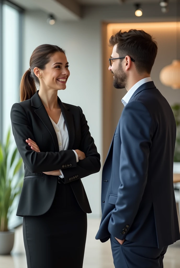 Administrative managers in an office, smiling and very well dressed, com trages social , one man and one woman.