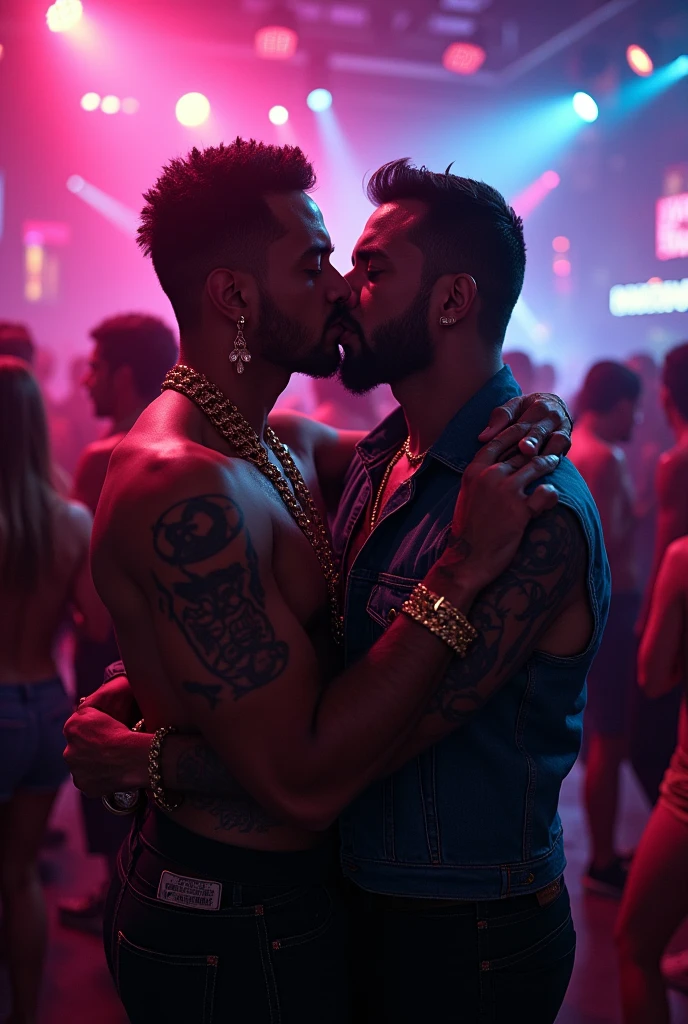 Create an image of the rap artist "That Mexican OT" kissing a man in the club