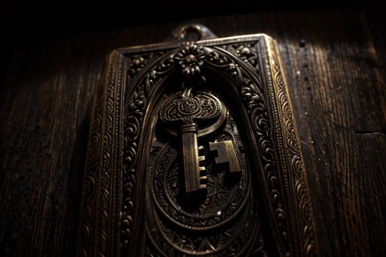 a detailed old key with mystery, intricate engraving, ornate design, antique brass, tarnished, weathered, opens to unknown, enigmatic, surreal, dark fantasy, dramatic lighting, chiaroscuro, deep shadows, dramatic contrast, cinematic, moody, atmospheric