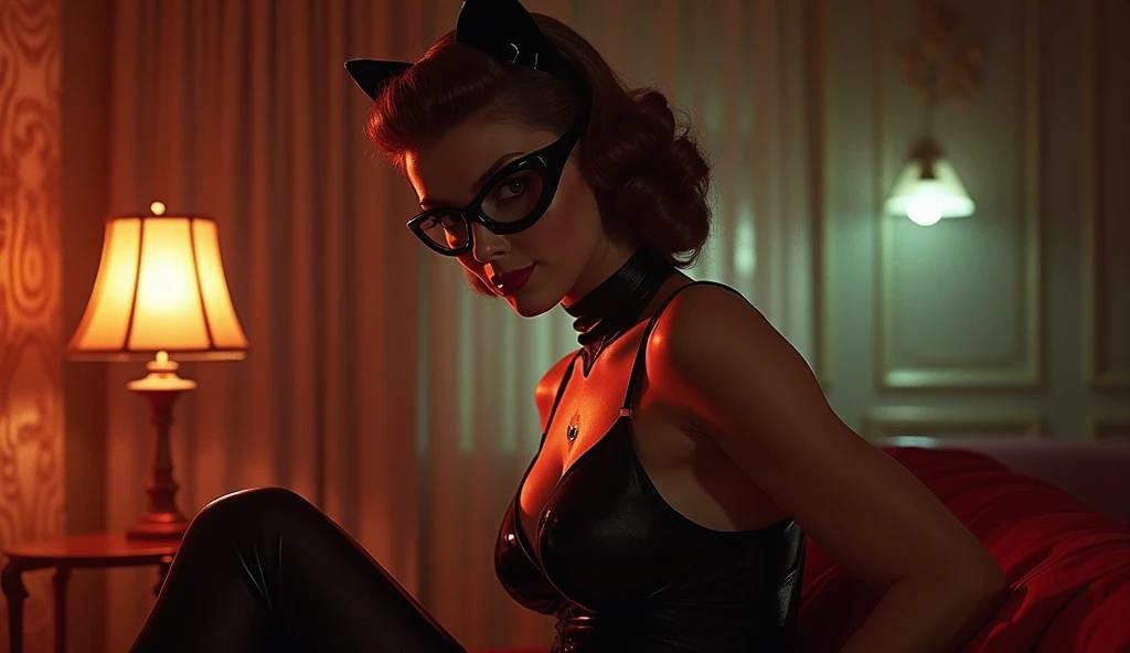 Screengrab of 1950's Super Panavision 70 movie. Retro in color, Cat Woman in hot costume.