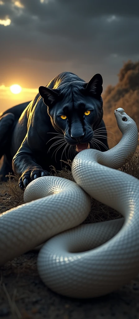 A hyperrealistic 3D painting illuminated by the light of the setting sun, featuring a melanistic black panther with glowing yellow eyes pouncing on an albino python in the middle of the African savannah.. Focus on the anatomical details of animals, with gleaming panther fur and smooth snake scales. Add dramatic elements like swirls of flying dust and the panther&#39;s concentrated facial expression.."