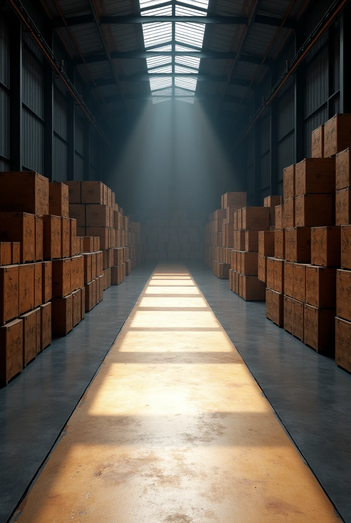 Fashion runway for models inside warehouse with boxes stacked around but no one on runway