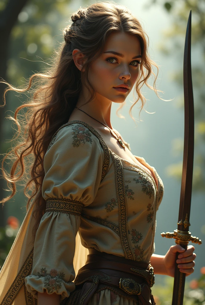 Generate the image (lively) for a game, the image must be an Elf, warrior, brown hair and dark eyes, tall and elegant. It must also have an aesthetic (CLOTHES, Accessories, etc) that are inspired by Taylor Swift's Evermore era
