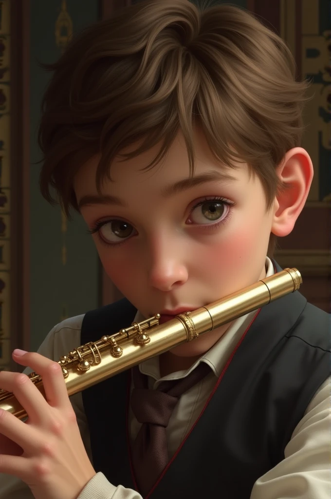 A close-up view of young Frederick's face as he concentrates on playing a flute. His delicate features are framed by soft lighting, reflecting his innocence and intelligence. The background hints at a royal study room with warm tones and intricate details.
