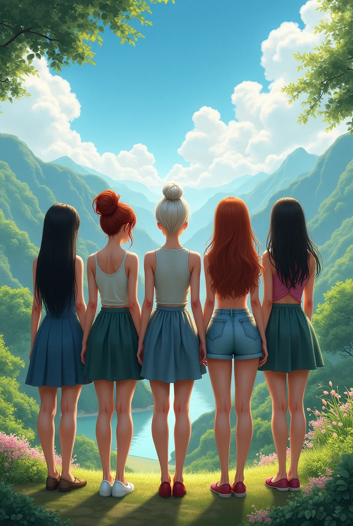 5 women with their backs turned, one thin with long, waist-length, black straight hair next to her, another thin woman with a bun of red hair next to her, a short fat lady with pixie cut white hair next to her a thin woman with waist-length light brown half-curled hair next to her ,another fat woman with long curly hair all with her back turned in a beautiful landscape all with her back turned